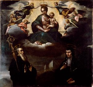 العذراء تحمل الطفل مع القديس بنديكتوس النورسي وأختها القديسة سكولاستيك (سكولاستيك)، مؤسس رهبانية البينديكتين المجهول الرسم. دير مونتي كاسينو، إيطاليا بواسطة فنان غير معروف