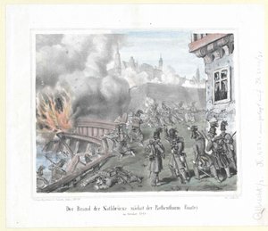 اشتعال النيران في نوثبروكه بالقرب من حصن روتنثورم في أكتوبر 1848 بواسطة فنان غير معروف