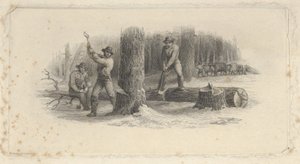 ورقة صغيرة من الأوراق النقدية تظهر الحطابين يقطعون الأشجار في غابة ثلجية ، كاليفورنيا. 1824-37.