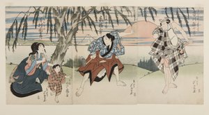 الممثلون Ichikawa Ebij؟ R؟ I as Ukisu no Iwamatsu (R)، Arashi Kitsusabur؟ II as the Farmer (Hyakush؟) J؟ Saku (C)، Arashi Kitsuz؟ As J؟ Kichi، Sawamura Kunitar؟ II as J؟ Saku's زوجة (نيويورك؟ ب؟) Okinu (L) (طباعة خشبية ملونة) بواسطة أشيوكي جيجادو