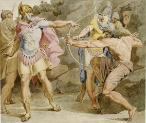 يهدف Philoctetes إلى Ulysses مع قوس Hercules - عمل Asmus Jacob Carstens (1754-1798) ، حبر وألوان مائية على ورق (49.5x58.5 سم)