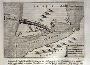 تمثيل رسم الخرائط لـ Charybde "" و "Scylla" في ديترويت في ميسينا ، صقلية "" نقش من "Mundus Subterraneus" "لأثناسيوس كيرشر (1601-1680) ، اليسوعي والمستشرق والباحث 1682