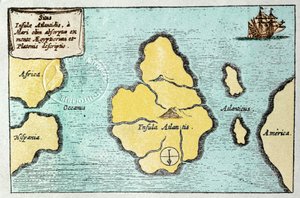 خريطة لجزيرة أتلانتس الأسطورية - من Mundus Subterraneus في Athanase Kircher (أو Athanasius Kircheri)