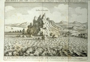 منظر لصخور "Charybde" و "Scylla" في ديترويت ميسينا ، صقلية "" نقش من "Mundus Subterraneus" لأثناسيوس كيرشر (1601-1680) ، اليسوعي ، المستشرق والباحث 1682