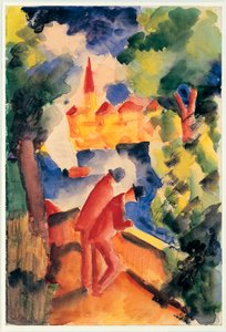 Two Men Arm On The Railing Overlooking A Lake 1914 (watercolour) بواسطة أغسطس ماكي