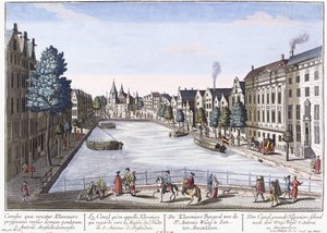 Vue of Kleveniers Canal، Amsterdam، c.1740-1770 (نقش ملون يدويًا) بواسطة أغسطس فيندل