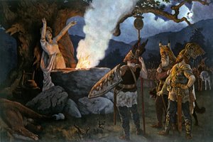 يستشير المحاربون السلتيون كاهنة. لوحة أوغسطس ديفنباخر. بواسطة أغسطس فيلهلم ديفنباخر