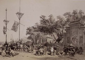واجهة المعبد العظيم في ماكاو ، اللوحة 9 من "اسكتشات الصين" ، نقشها يوجين تشايسيري (1813-90) 1842 (ليثو ملون)