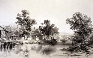 معبد وقناة هونان ، اللوحة 29 من "اسكتشات الصين" ، نقشها يوجين سيسيري (1813-90) 1842 (ليثو ملون)