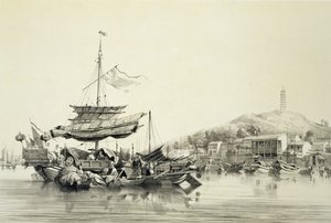 هونغ شانج ، اللوحة 17 من "اسكتشات الصين" ، نقشها يوجين سيسيري (1813-90) 1842 (ليثو ملون) بواسطة أوغست بورغيت