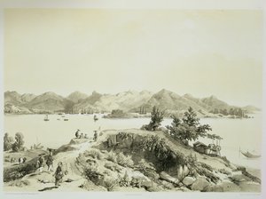 خليج وجزيرة هونغ كونغ ، اللوحة 4 من "اسكتشات الصين" ، نقشها يوجين سيسيري (1813-90) 1842 (ليثو ملون) بواسطة أوغست بورغيت