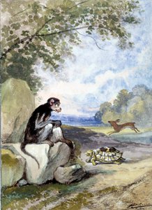 رسم توضيحي لخرافة "الأرنب والسلحفاة" لجين دو لافونتين. لوحة مائية لأوغست ديليير (1829 - 1890)