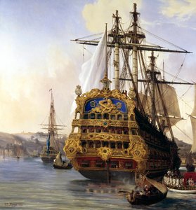 السفينة "" فودرويانت "" في ميناء بريست عام 1724 "" التفاصيل. لوحة لأوغست ماير (1805-1890) 1724 بريست ، متحف الفنون الجميلة - السفينة "Le Foudroyant" "" في ميناء بريست