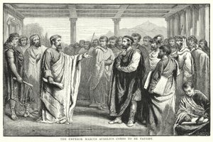 يأتي الإمبراطور ماركوس أوريليوس للتدريس (النقش) بواسطة أوغست فرانسوا (بعد) لابي