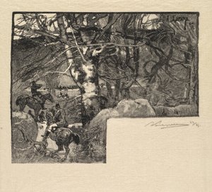 غابة فونتينبلو: ركوب إلى كلاب الصيد في مونت جيرارد بواسطة A. Desmoulins ، نُشرت في Revue Illustrée