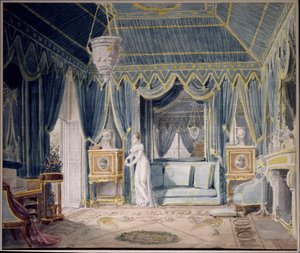 مخدع الملكة هورتنس دي بوهارنيه (1783-1837) في عام 1811. لوحة مائية لأوغست جارنيراي (1785-1824). مجموعة خاصة