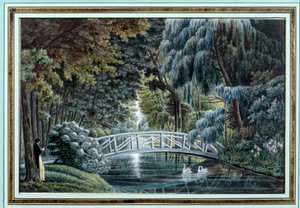 منظر للجسر الخشبي فوق النهر على يسار قلعة Malmaison Watercolor d'Auguste Garneray (1785-1824) القرن التاسع عشر. 0،16 × 0،24 م مالميزون ، متحف القصر
