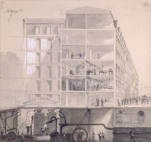 مقطع عرضي لإسكان العمال في الدائرة الحادية عشرة في باريس ، c.1875 (قلم وحبر وغواش على ورق)