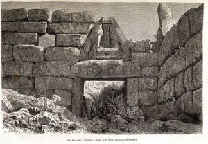 بوابة الأسود في Mycenae - رسم بواسطة A. Deroy ، في "" Round the World "" 1877 الفصل الدراسي الثاني