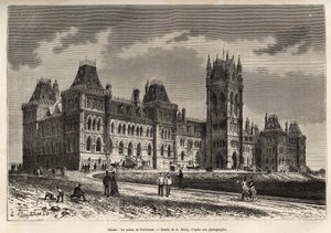 قصر البرلمان في أوتاوا ، الذي تم بناؤه بين عامي 1859 و 1876 ، نقش بعد رسم أديروي ، يوضح الرحلة إلى كندا والنهر الأحمر في الشمال ، بواسطة H. De Lamotte في عام 1873 ، نُشر في "" Le tour du موندي "" 1875 ، حرره إدوارد