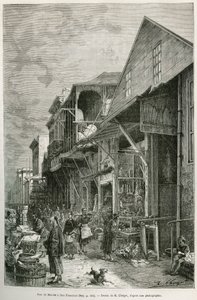 شارع ماركي في سان فرانسيسكو ، الذي يكشف عن وجود جالية صينية مهمة ، فرضية للحي الصيني في المستقبل. نقش بعد رسم أ ديروي ، لتوضيح قصة La conquete blanche ، بقلم ويليام هيبوورث ديكسون ، في عام 1875 ، بو