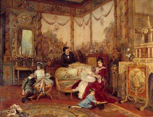 Victorian Sardou (1831 - 1908), playwright, and his children. View from the interior of a living room with fire in front of the fireplace. Painting by Auguste La Brely (1838-1906) بواسطة أوغست دي لا بريلي