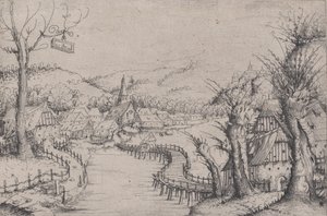 منظر طبيعي للنهر مع ثلاث أشجار صفصاف عارية على اليمين وجسر خشبي طويل متعرج في ... ، 1546. بواسطة أوغسطين هيرشفوغل