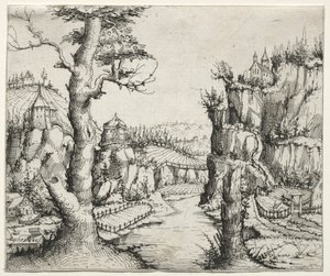 نهر المناظر الطبيعية مع الصخور على اليسار الأيسر في اليمين ، 1546. بواسطة أوغسطين هيرشفوغل