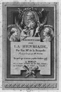 صورة في الجزء الأمامي من شرح بقلم la la Beaumelle من "La Henriade" بقلم فولتير ، تم تنقيحه وتحديثه بواسطة Freron ، نشر في برلين وباريس ، 1775 بواسطة أوغسطين دي سانت أوبين