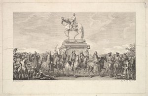 تدشين تمثال لويس الخامس عشر ، نقوش على الصفحة 1 ، من الوصف des Trava ... ، 1766. بواسطة أوغسطين دي سانت أوبين