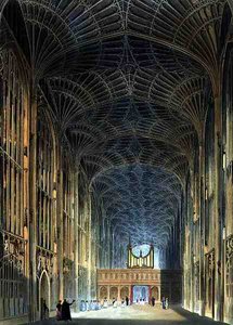 الجزء الداخلي من كنيسة King's College ، من "تاريخ كامبريدج" ، نقش بواسطة جوزيف قسطنطين ستادلر (1780-1812) ، حانة. بواسطة ر.أكرمان