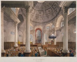 داخل كنيسة القديس ستيفن والبروك أثناء الخدمة ، مدينة لندن ، 1809 بواسطة أوغسطس تشارلز بوجين ، توماس رولاندسون
