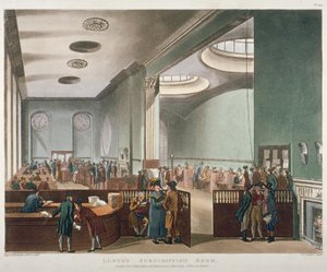 منظر داخلي لغرفة اشتراك لويدز في رويال إكستشينج ، مدينة لندن ، 1809 بواسطة أوغسطس تشارلز بوجين ، توماس رولاندسون