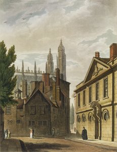 أمام قاعة الثالوث ، كامبريدج ، من "تاريخ كامبريدج" ، نقش جوزيف قسطنطين ستادلر (fl.1780-1812) ، حانة. بواسطة R. Ackermann ، 1815 (ألوان مائية) بواسطة أوغسطس تشارلز بوجين
