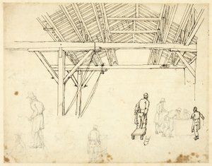 دراسة مرفوضة ، من المحتمل أن تكون من أجل رسم توضيحي للمنزل المخصص ، من Microcosm of London (وجه الصفحة) ؛ اسكتشات العمال بالبراميل (ظهر) بواسطة أوغسطس تشارلز بوجين