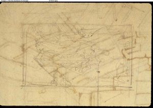 دراسة لغرفة المعارض ، Somerset House ، من Microcosm of London (وجه الصفحة) ؛ رسم تخطيطي للوحة: مادونا والطفل (ظهر) بواسطة أوغسطس تشارلز بوجين