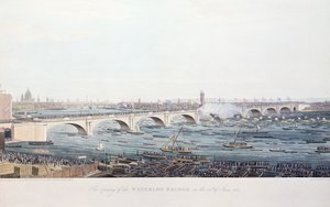 افتتاح جسر واترلو في 18 يونيو 1817 ، حفره أ. بوجين من رسم رسمه دبليو فيندلاتر ، نقش بواسطة ر. هافيل أوند سون ، 1818 (نقش الألوان) بواسطة أوغسطس تشارلز بوجين