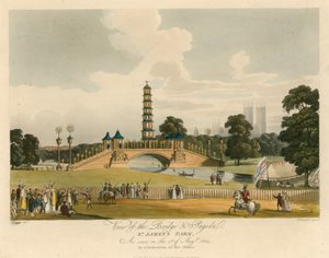 منظر للجسر والمعبد ، سانت جيمس بارك ، لندن ، كما رأينا في 1 أغسطس 1814 بواسطة أوغسطس تشارلز بوجين