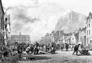 القلعة من سوق العشب ، إدنبرة ، محفور بواسطة جورج كوك وهنري لو كيكس ، 1820 بواسطة أوغستس وول Callcott