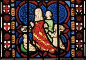زوجة Pugins الثانية لويزا مع ابنة زوجها آن وابنتيها Agnes & Katherine ، Chapel East Window ، c.1844 (زجاج ملون)