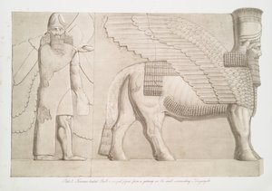 الثور ذو الرأس البشري والشخصية المجنحة من بوابة في الجدار المحيط بـ Koyyjik [Quyunjik] ، 1853