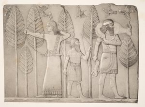 صيادون مع الغزال والأرنب البري والطيور (خورس آباد) ، من آثار نينوى ، حانة. 1849