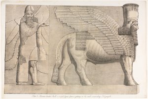 آثار نينوى: اللوحة 3 ، شكل ثور مجنح برأس بشري من بوابة في الجدار المحيط بـ Kouyunjik (Quyunjik)