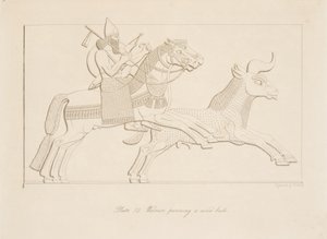 محارب يطارد ثورًا بريًا ، من آثار نينوى ، حانة. 1849 بواسطة أوستن هنري لايارد