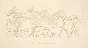 محاربون يقاتلون في عربات ، من آثار نينوى ، حانة. 1849 بواسطة أوستن هنري لايارد
