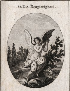 Allegorie de curiosite ممثلة بستائر منقطة بالأذنين والعينين. الأجنحة مرتفعة النقش في "" الأيقونات أو الأفكار من مجال المشاعر والرموز الموضحة للرسامين والرسامين والشعراء والعلماء والمعلمين و بواسطة المدرسة النمساوية