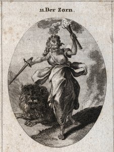 رمزية الغضب ممثلة في موقف مضطرب ، معصوب العينين ، سيف وشعلة في اليدين. وهي مغطاة بجلد الدب والأسد وراءها هو التهاب الغضروف. نقش في Iconologie oder Ideen aus dem Gebiete der Leidenschaften und Allegorien بواسطة المدرسة النمساوية