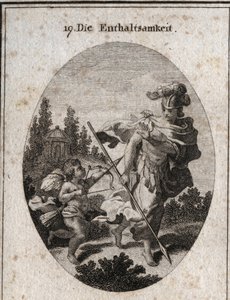 Allegory of continence, heroic virtue represented as a warrior with a helmet and a spear turned towards the earth. She avoids fighting passions (represented by love) and defends herself from their atraits to preserve her chastete. Engraving in “” Iconologi بواسطة المدرسة النمساوية