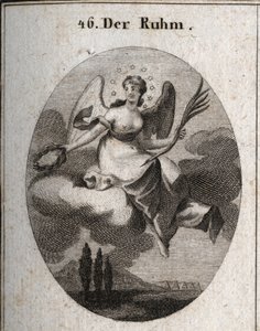 رمزية المجد على سحابة. تحمل نخلة وتقدم أكاليل الغار التي تعوض منها مفضلاتها. أجنحتها تشير إلى ارتفاعها. نقش موضّح في أيقونات "" أو أفكار من عالم المشاعر والرموز بواسطة المدرسة النمساوية