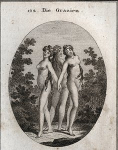 رمزية النعم. النعم الثلاث: Euphrosine للدلالة على الرمز والرضا ، Aglaya يرمز إلى فرض الجمال والبهجة Thalia. النقش في أيقونات "" أو أفكار من عالم المشاعر والرموز الموضحة لزي بواسطة المدرسة النمساوية